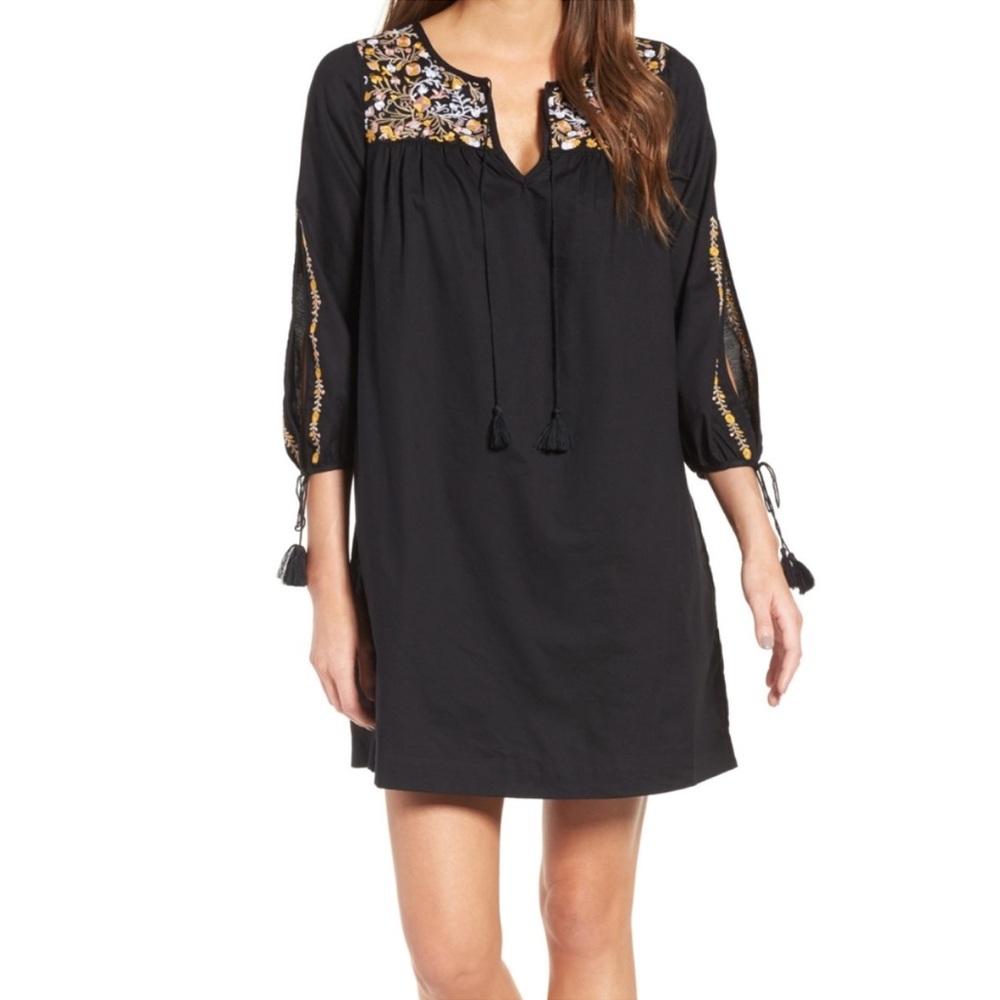 Madewell Black Embroidered Floral Tassels Slit-Sleeve Tunic Dress sz M